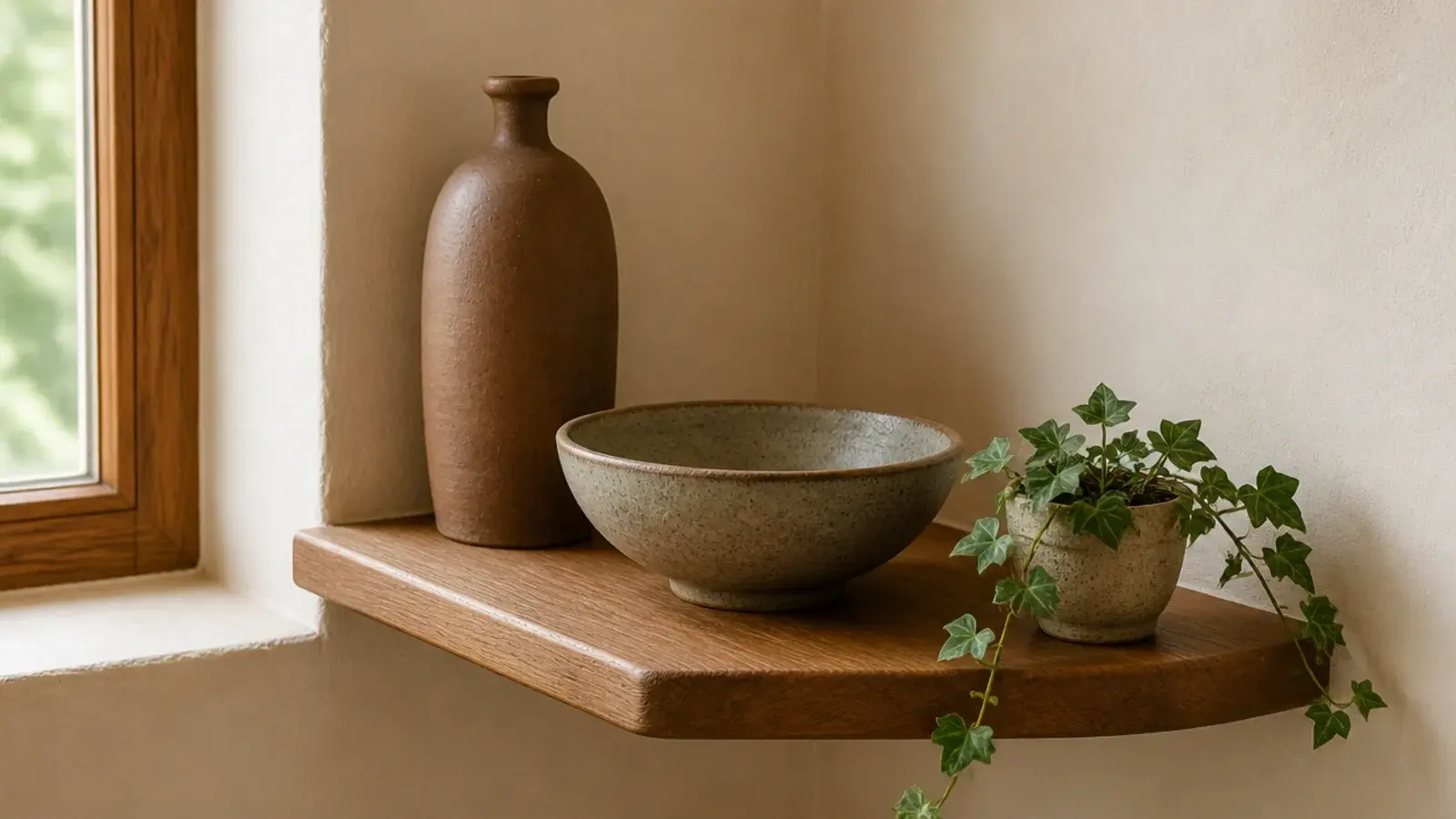 corner shelf restyled with objects at three clearly different heights