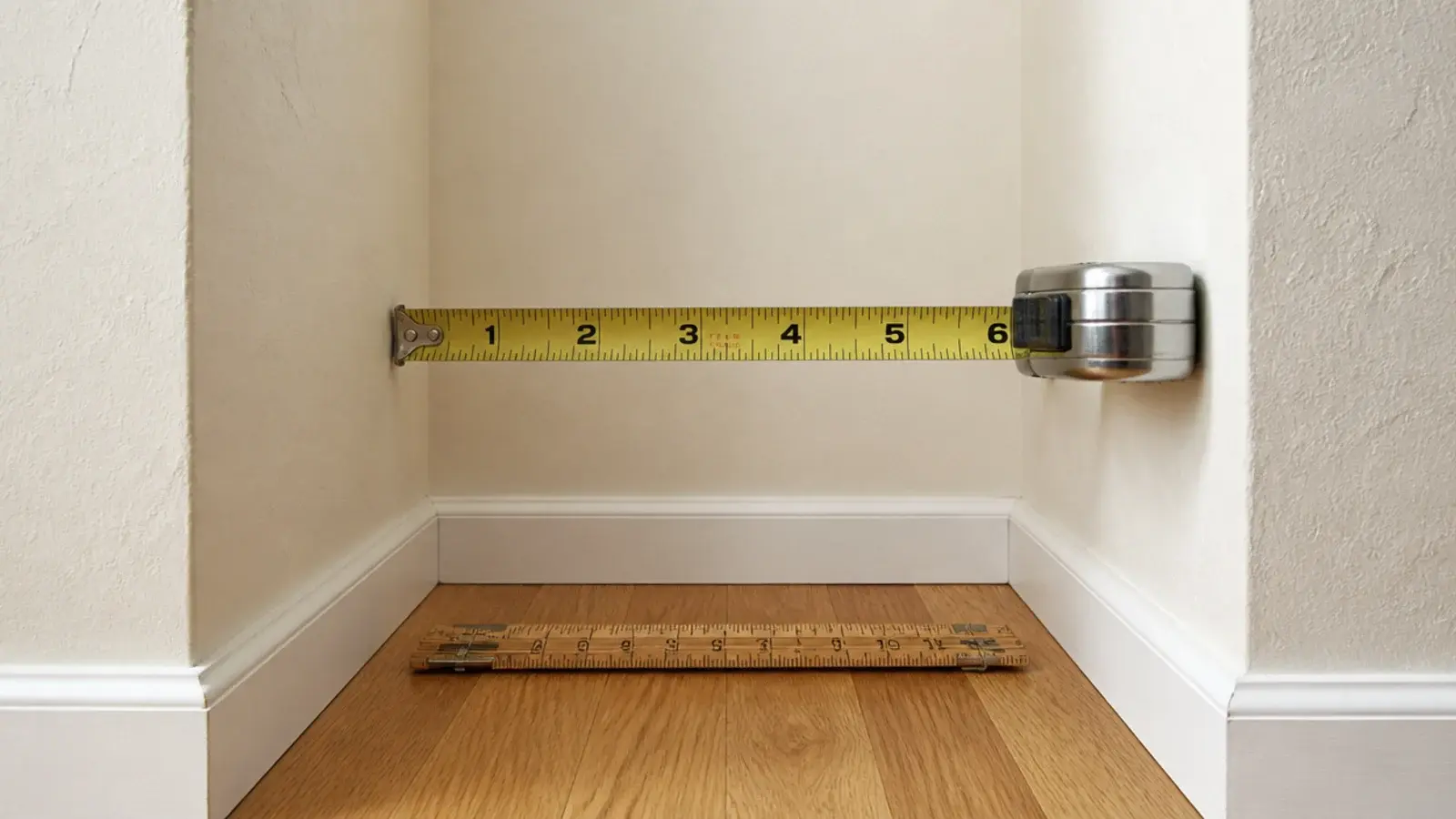 tape measure showing a six inch shelf depth against a narrow walkway