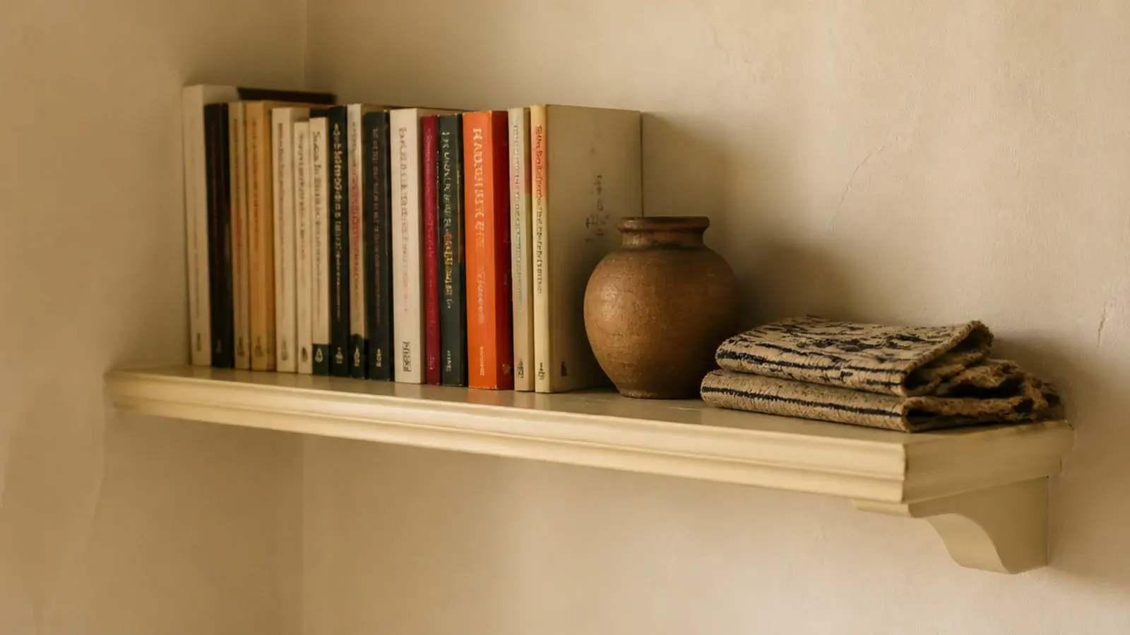 slim six inch corner shelf holding paperbacks and a small clay pot