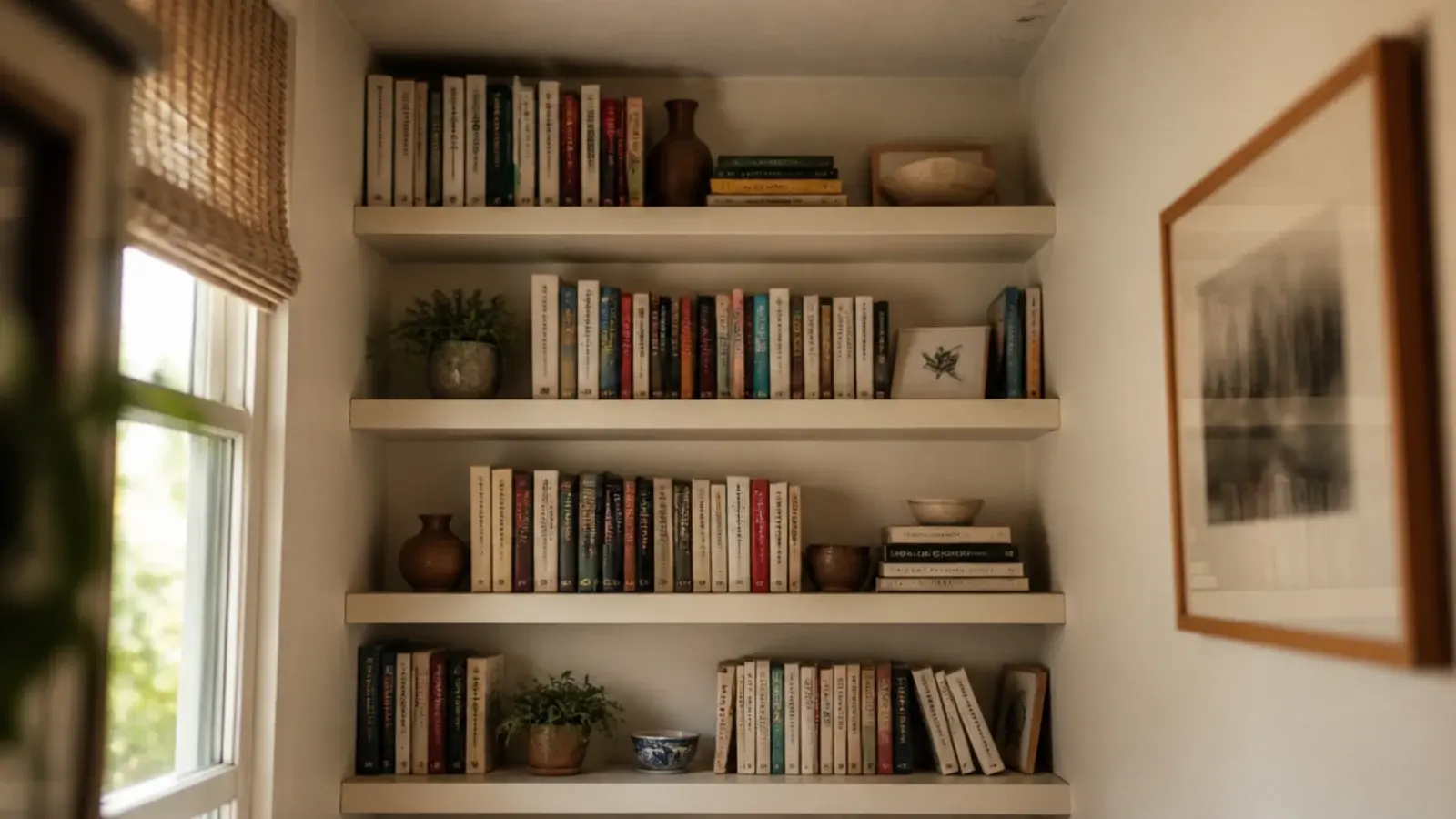 tall stack of shallow corner shelves climbing toward the ceiling