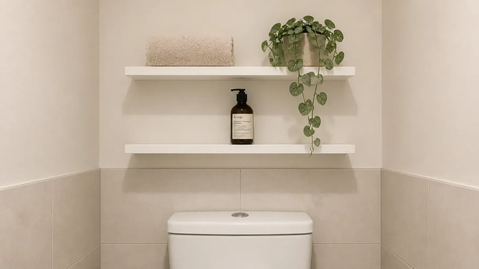 two slim corner shelves above a toilet holding towels and a plant