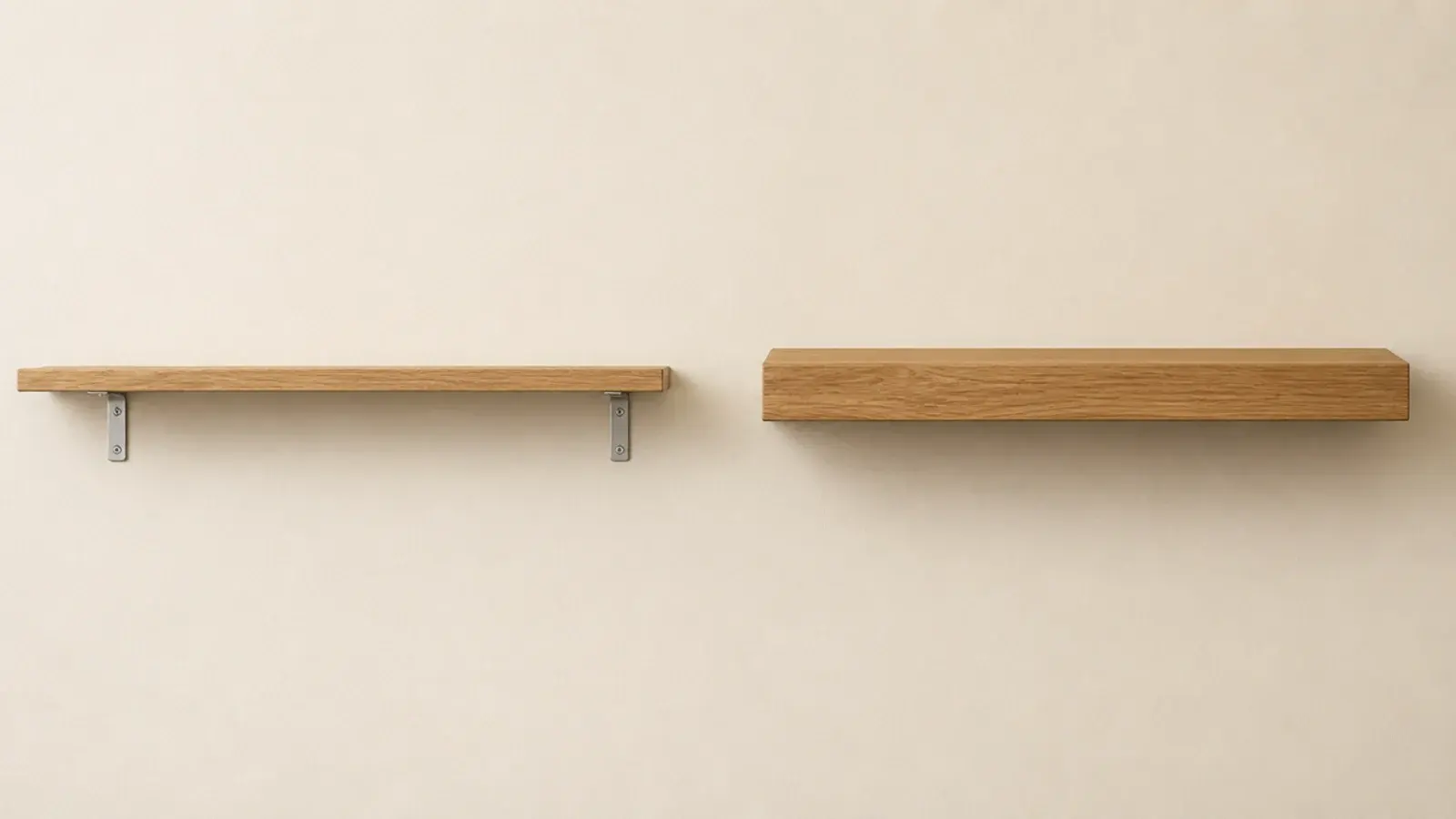 comparison of a thin bracket shelf beside a thick built up floating shelf