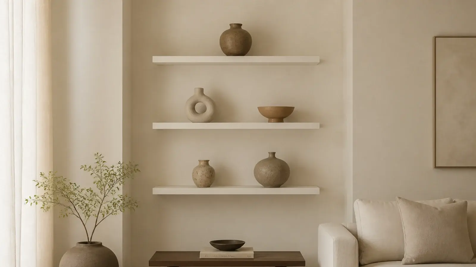 cream painted corner shelves blending seamlessly into a living room wall