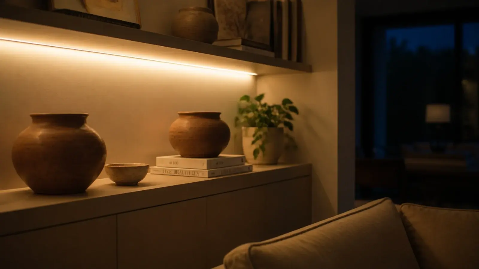 warm under shelf lighting glowing across pottery in a living room corner