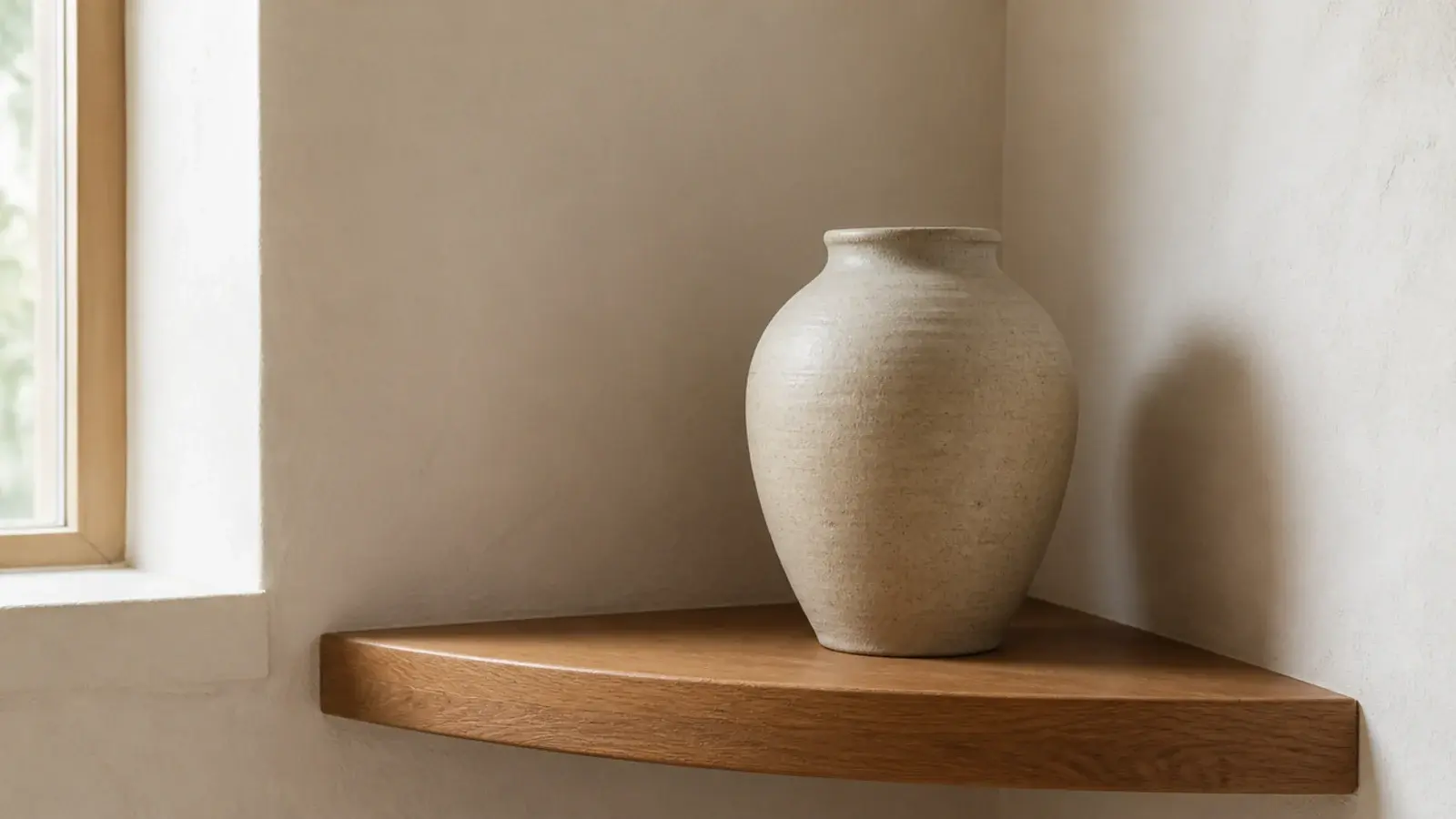 single large stoneware vessel commanding a whole corner shelf alone
