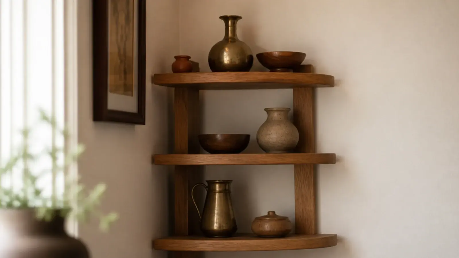 three brass objects repeated across three tiers of a corner shelf display