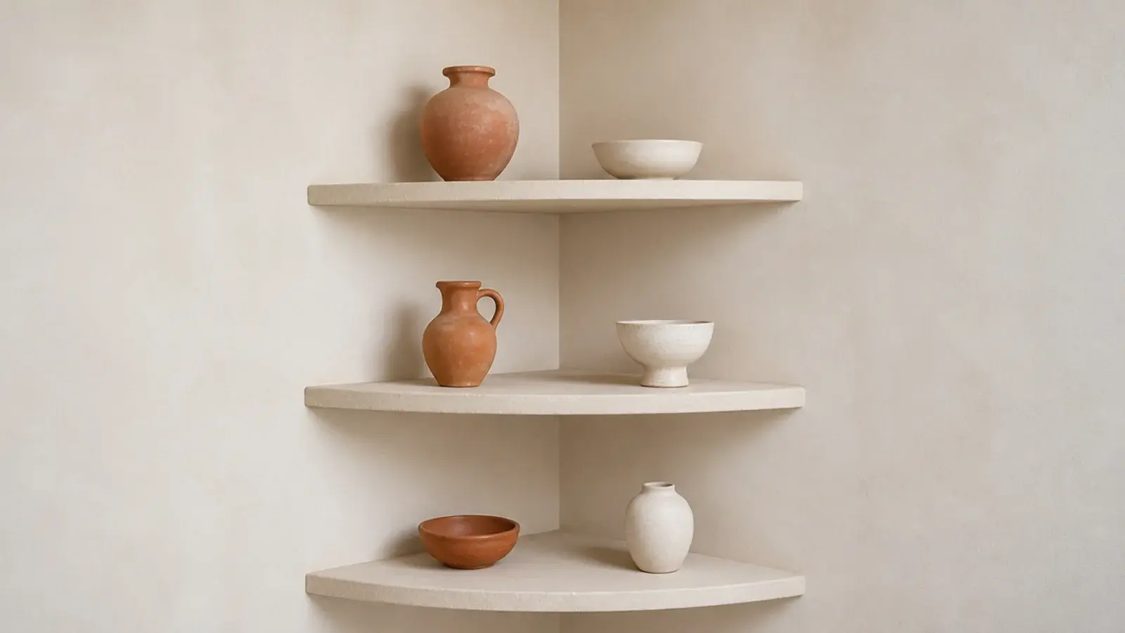 sparsely styled corner shelves with generous empty space between objects