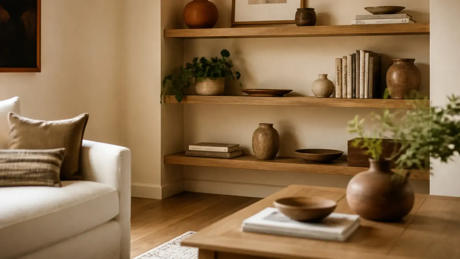 oak corner shelves matching the tone of a nearby coffee table and floor