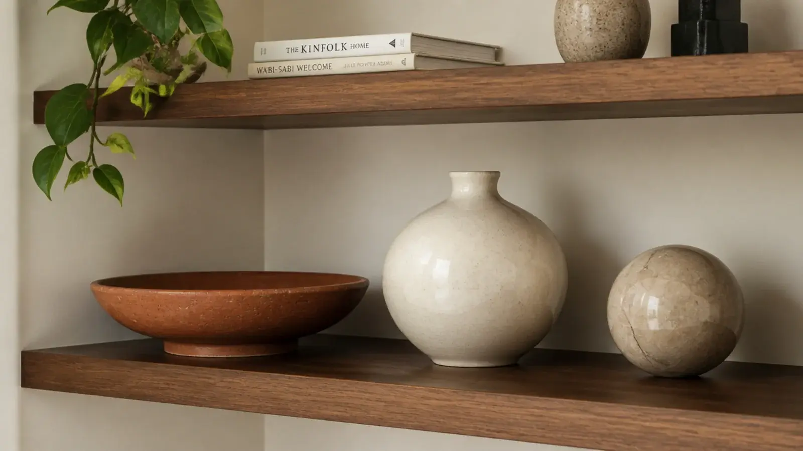 round bowls and curved vases contrasting with straight corner shelf lines