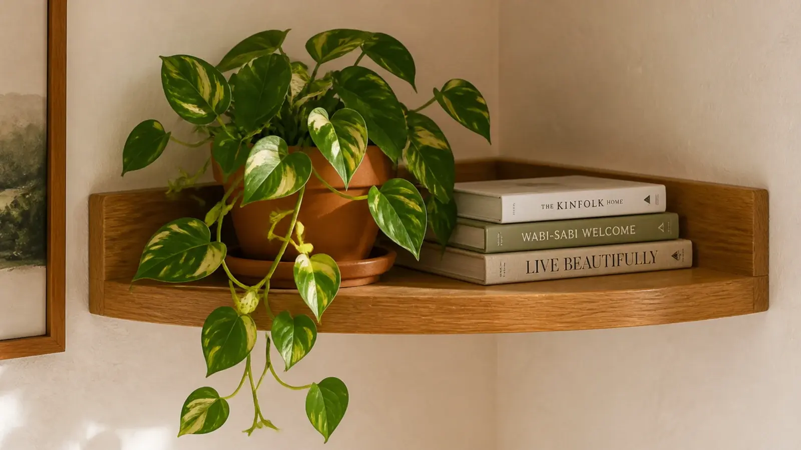 living trailing pothos spilling naturally over a wooden corner shelf edge