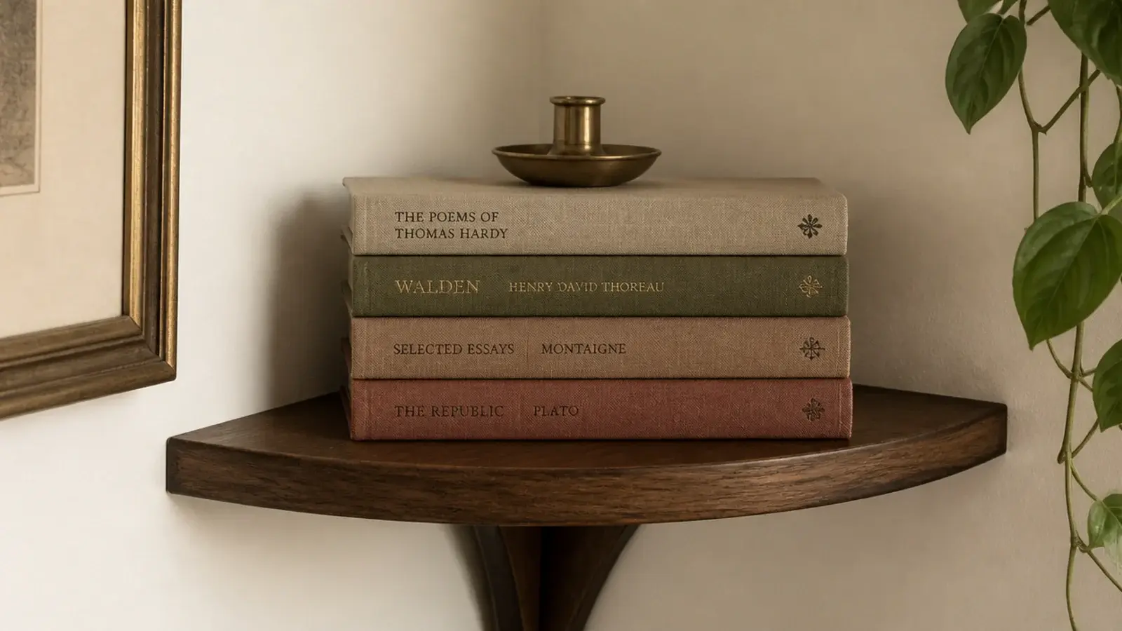 cloth bound hardbacks with jackets removed stacked on a corner shelf