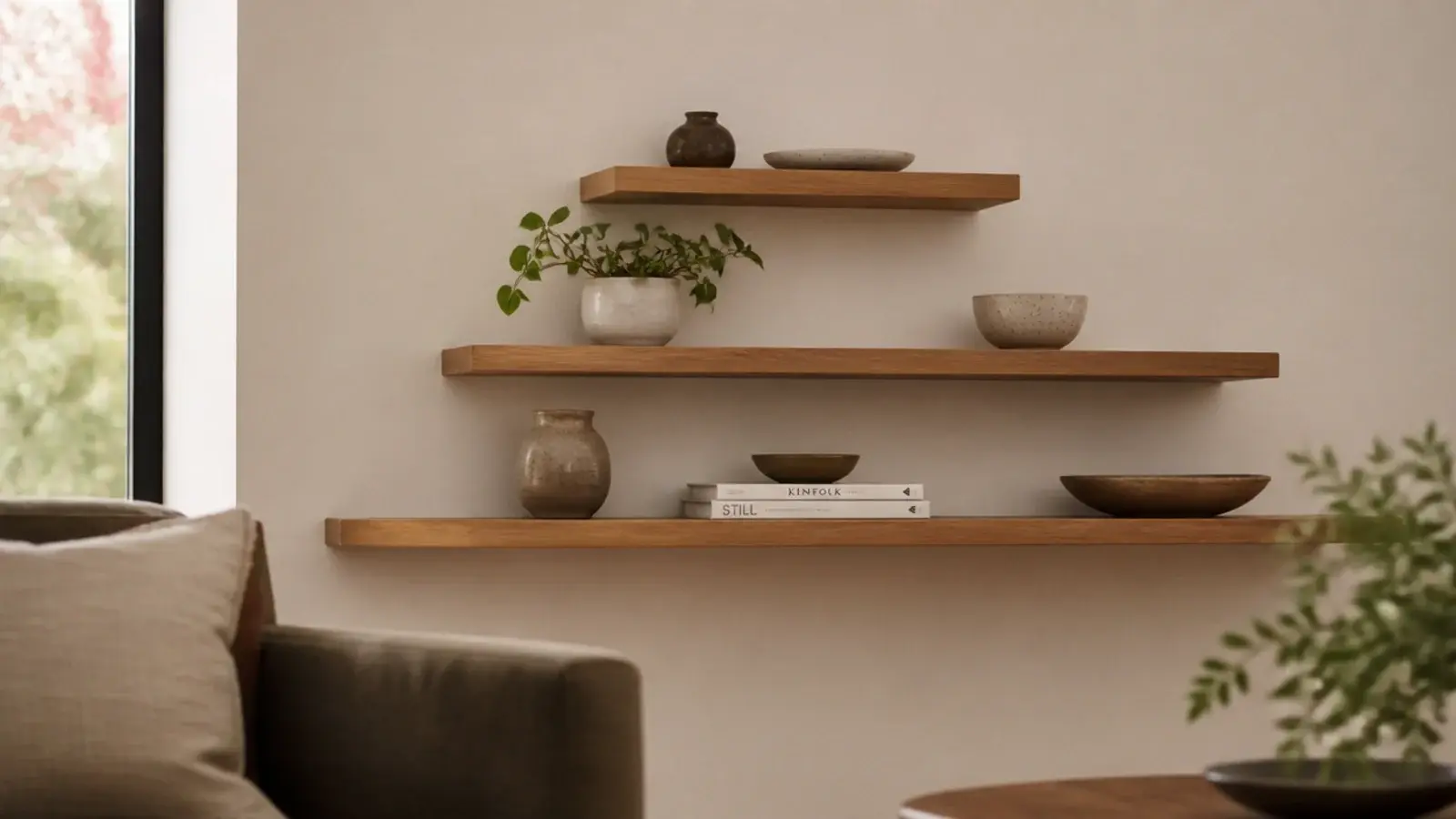 three corner shelves of decreasing length staggered up a living room wall