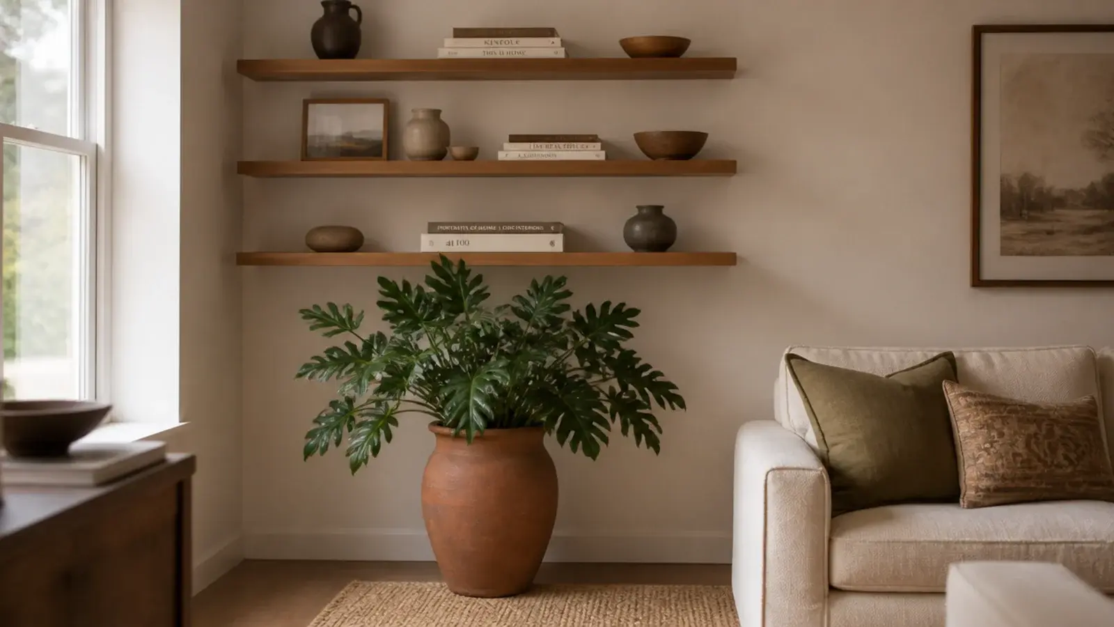 large floor planter anchoring the base of a living room corner shelf stack