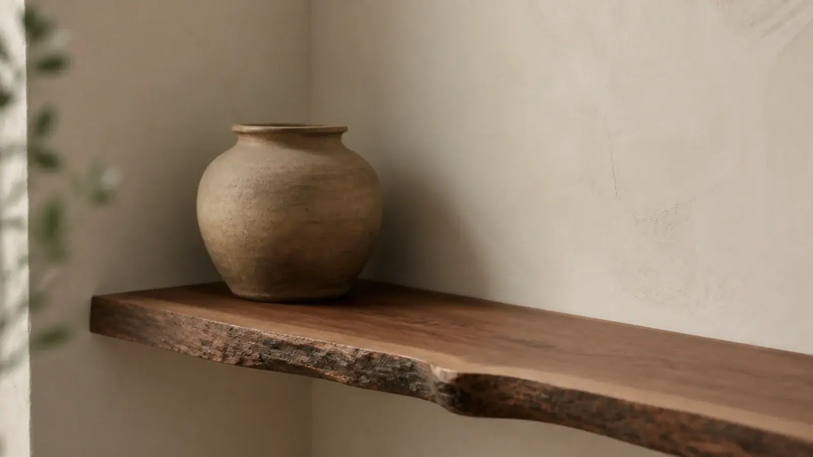live edge wooden corner shelf with a natural irregular front edge