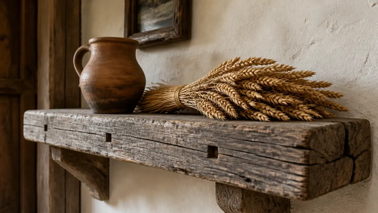 weathered barn wood corner shelf with original nail holes and grain