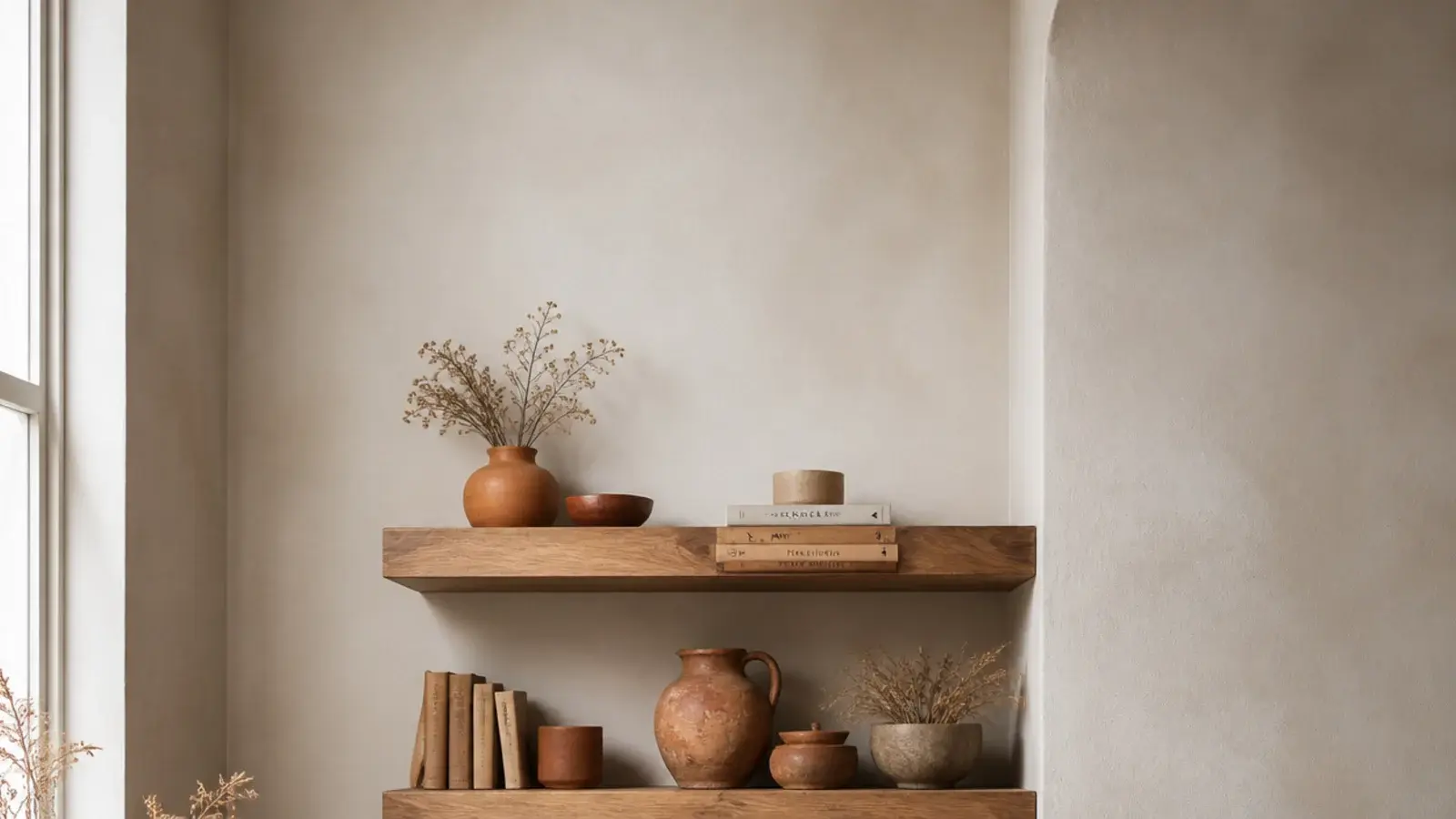 vertical image of gorgeous wooden corner shelves in oak with warm styling