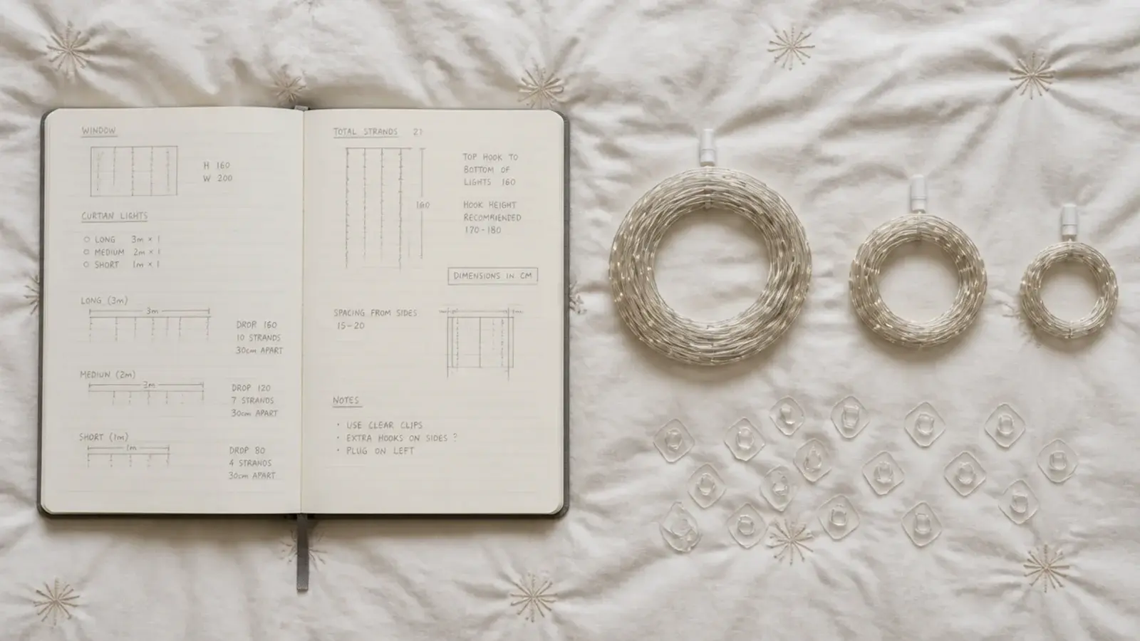 notebook of hanging notes beside coiled light strands on a duvet
