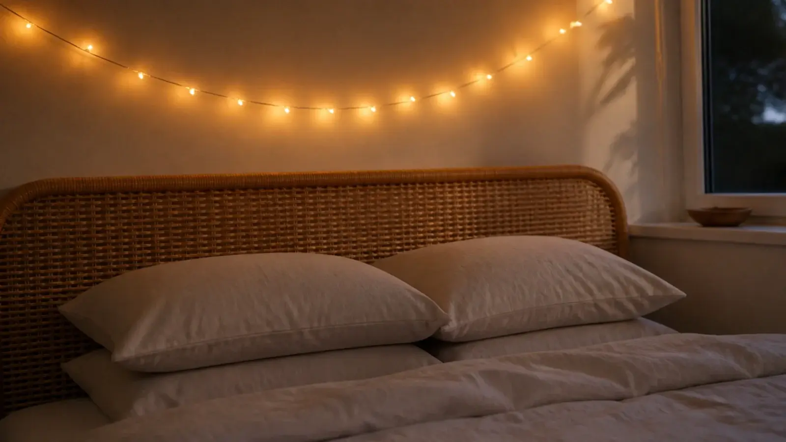 shallow curve of warm lights fixed above a rattan bedroom headboard