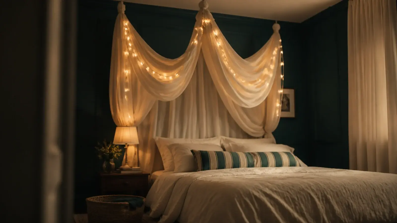 muslin canopy over a bed with warm lights running through its folds