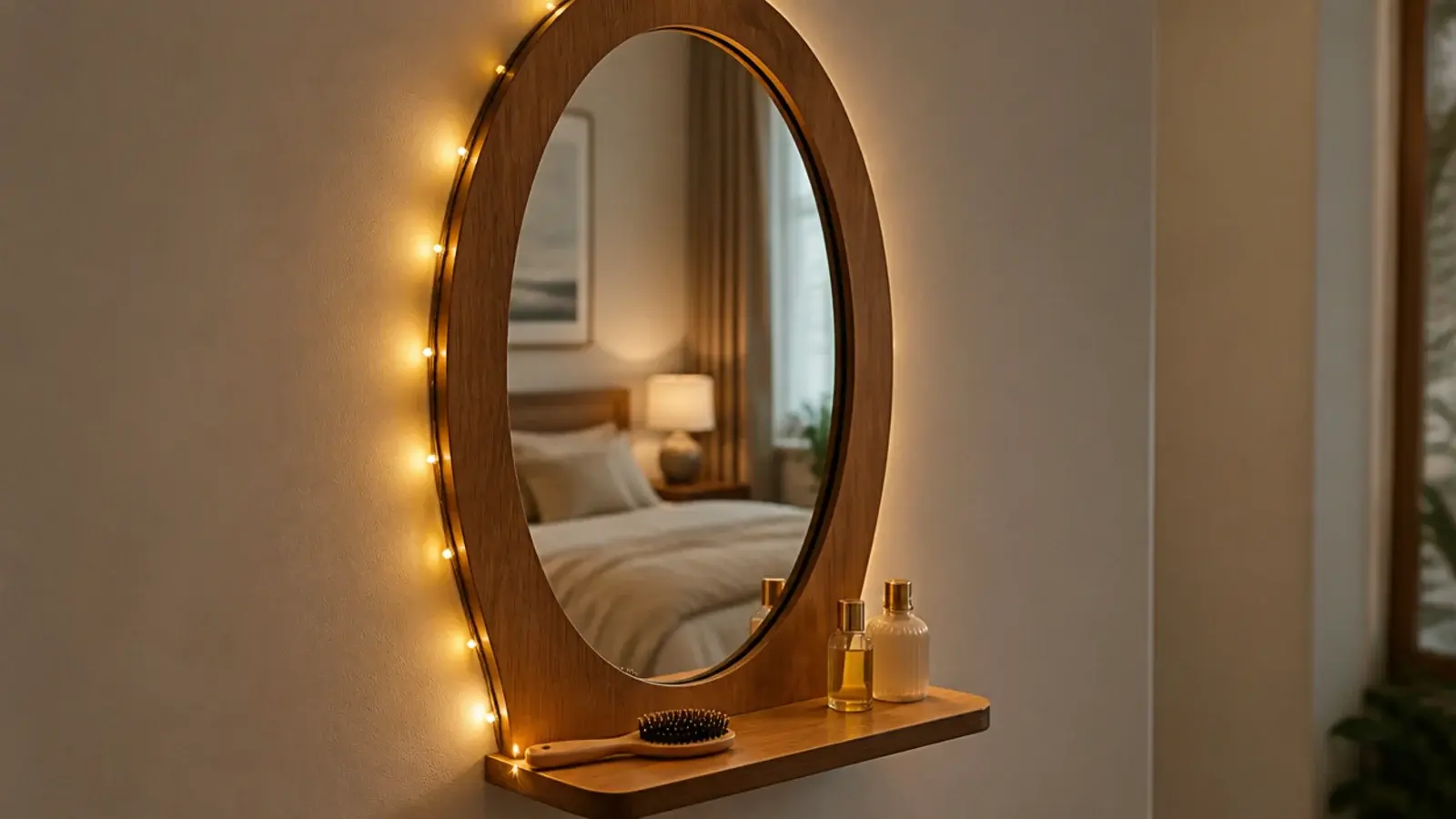 oval dressing mirror edged with fine warm lights on a bedroom wall