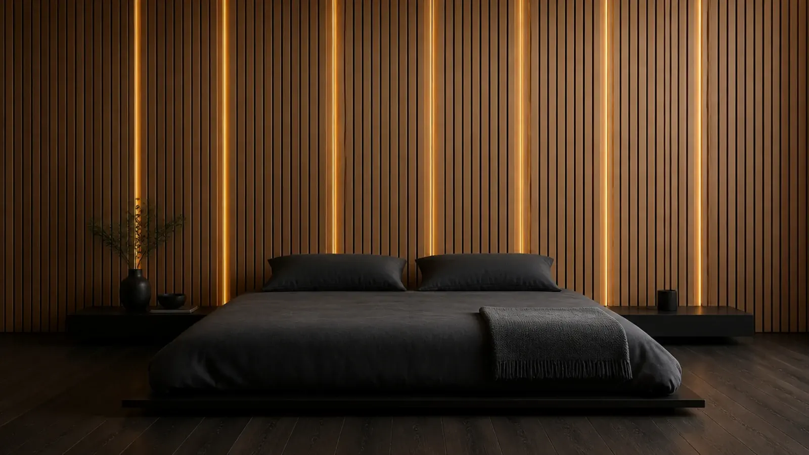 oak slat headboard with warm light escaping through the vertical gaps