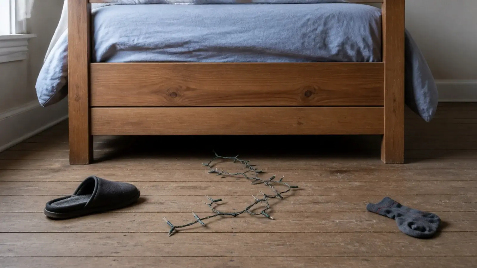 unlit light strand pulled out from beneath a wooden bed frame