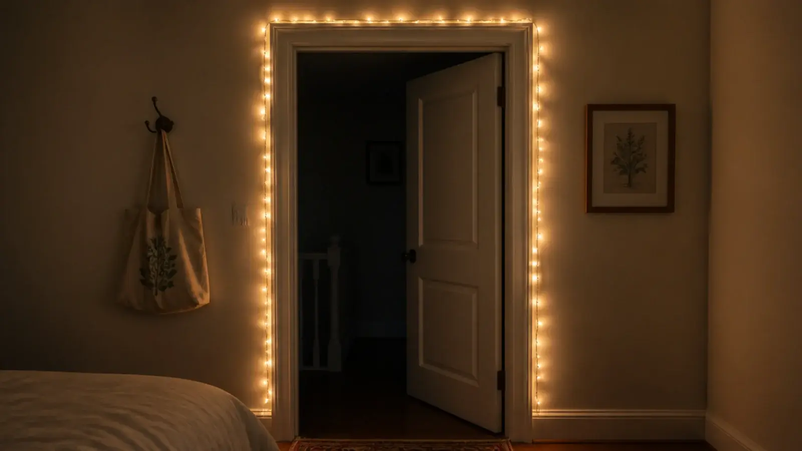 warm lights traced around a bedroom door frame and architrave