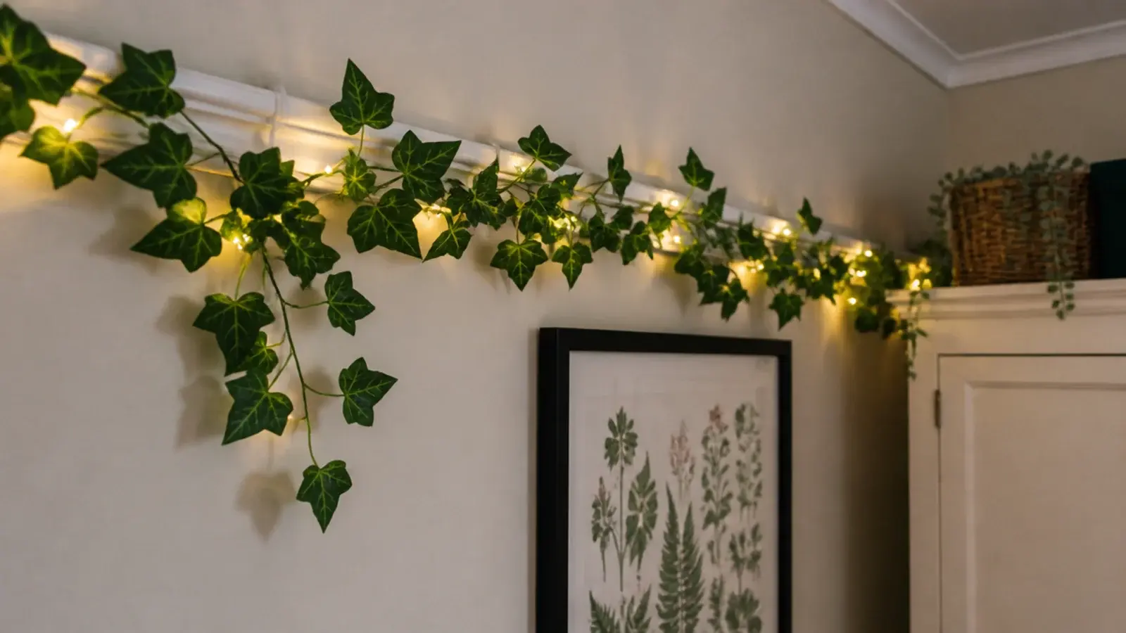 artificial ivy garland and warm lights running along a picture rail