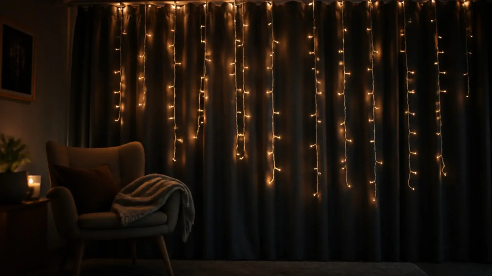 light drops hanging in front of a heavy blackout curtain panel