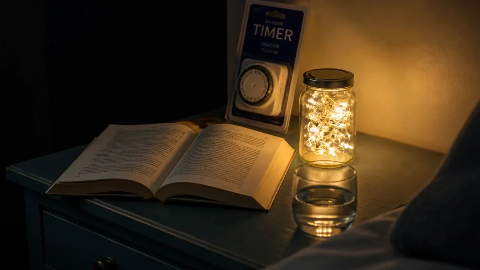 small glass jar of lights glowing on a bedside table at night
