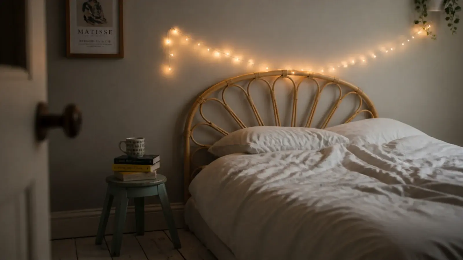 bedroom fairy lights arcing above a headboard after a year in place