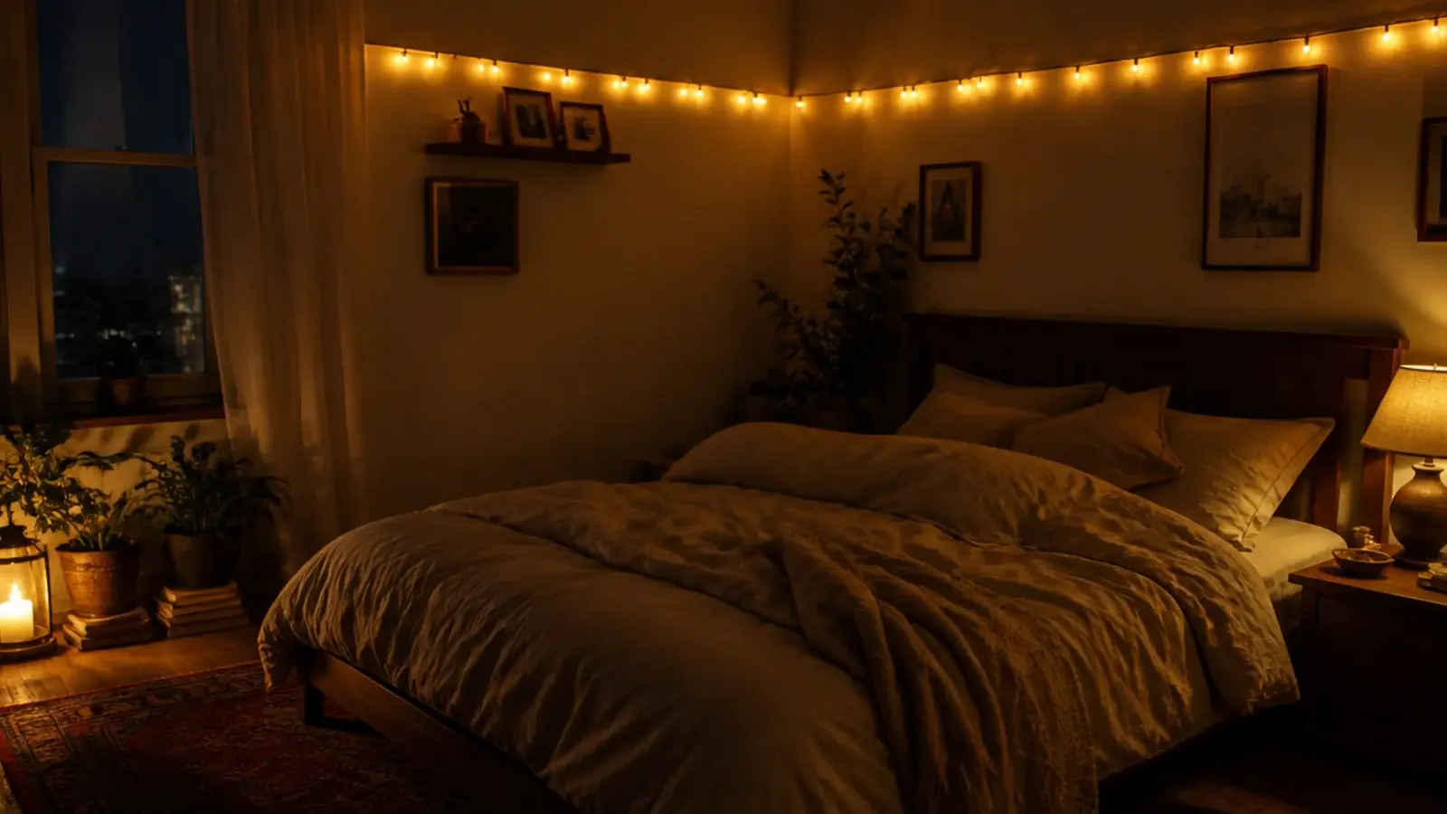 cozy bedroom aesthetic fairy lights layered over linen bedding and warm timber