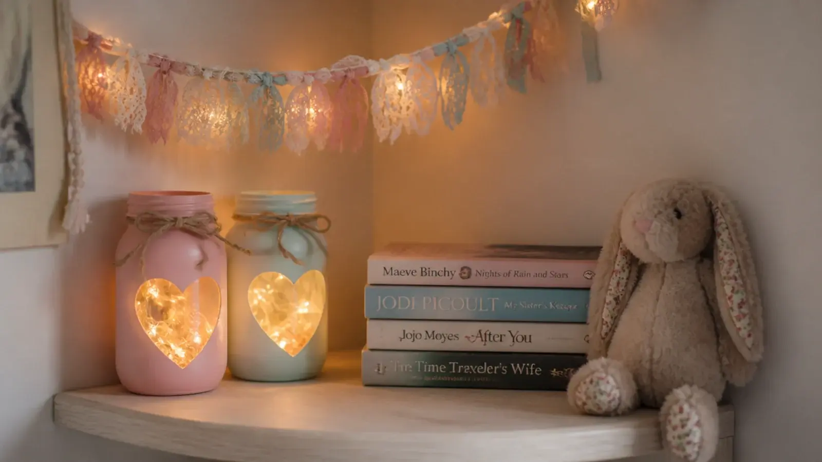 cute fairy lights bedroom corner with pastel jars and a ribbon garland