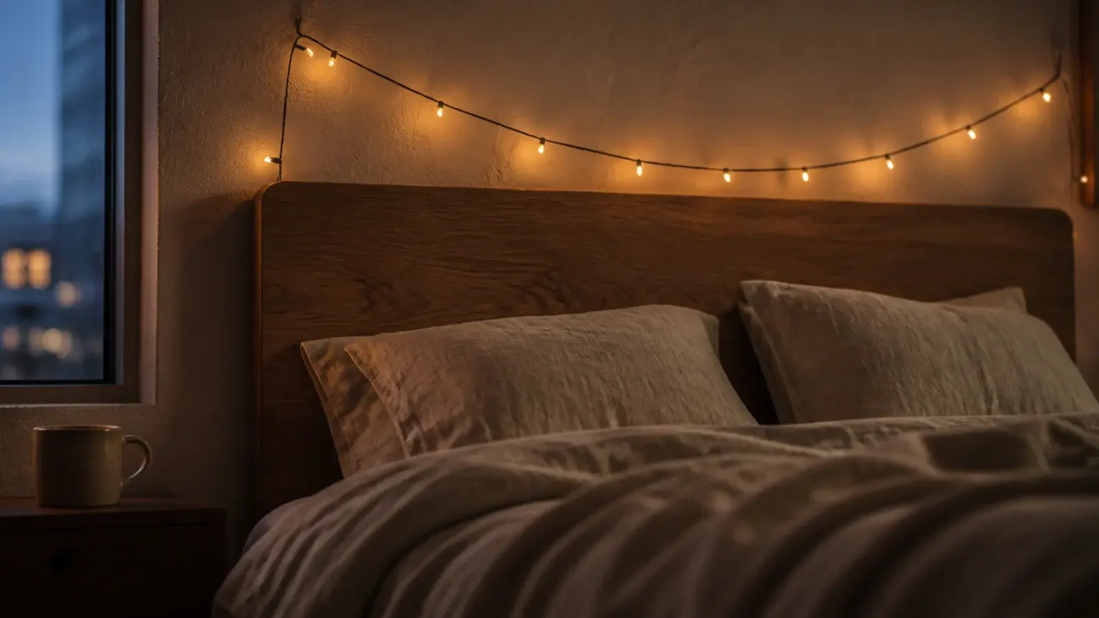 warm fairy lights bedroom glow arcing above an oak headboard at dusk