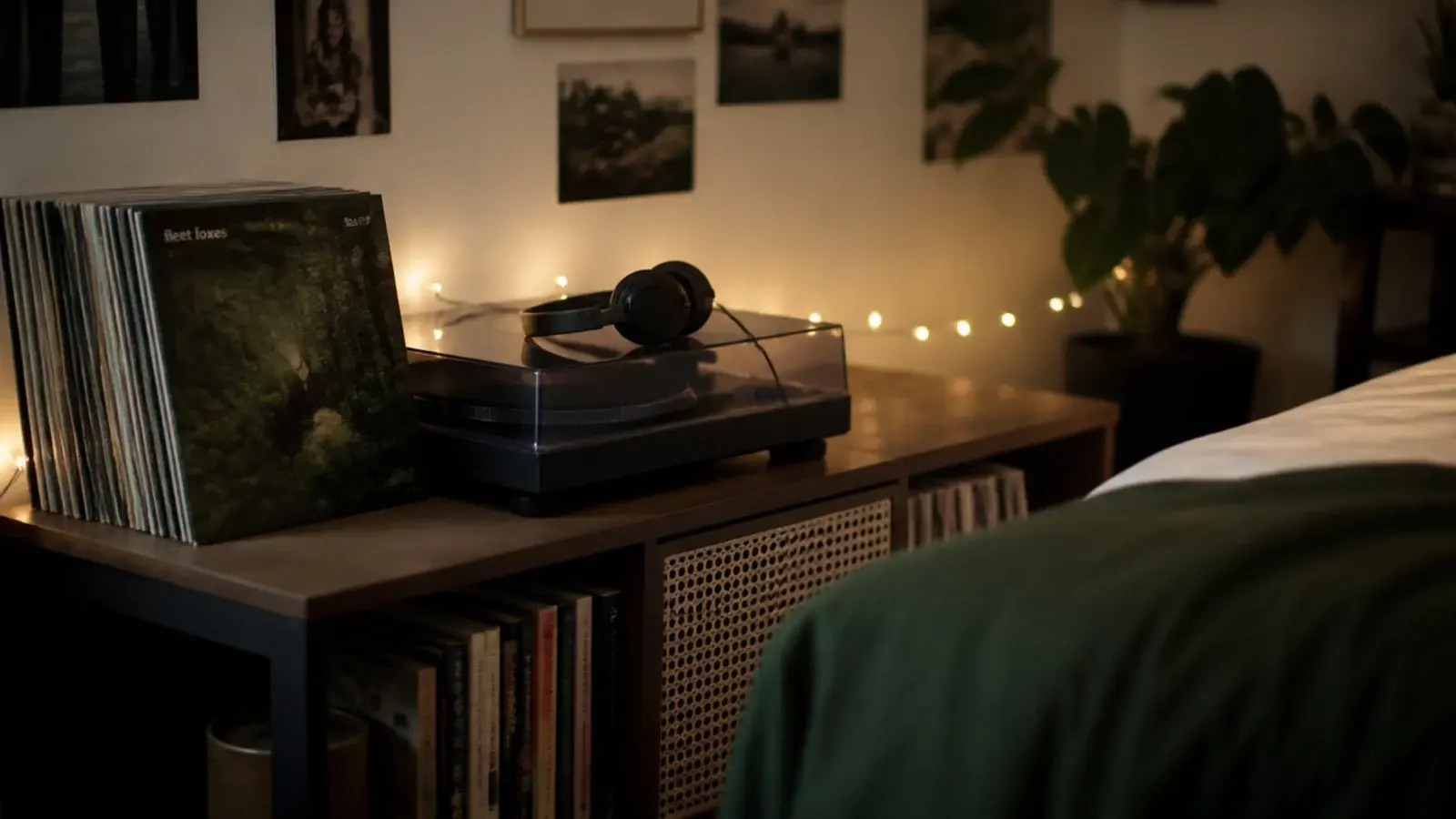 turntable and records in a corner lit by a low warm strand