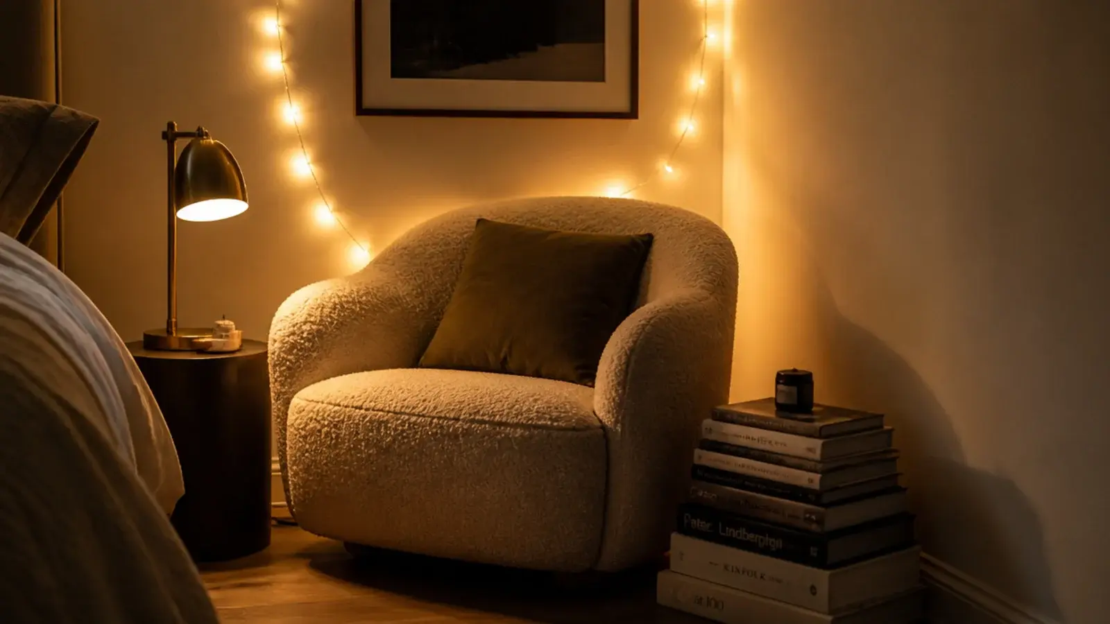 fairy lights bedroom aesthetic corner with armchair books and warm glow