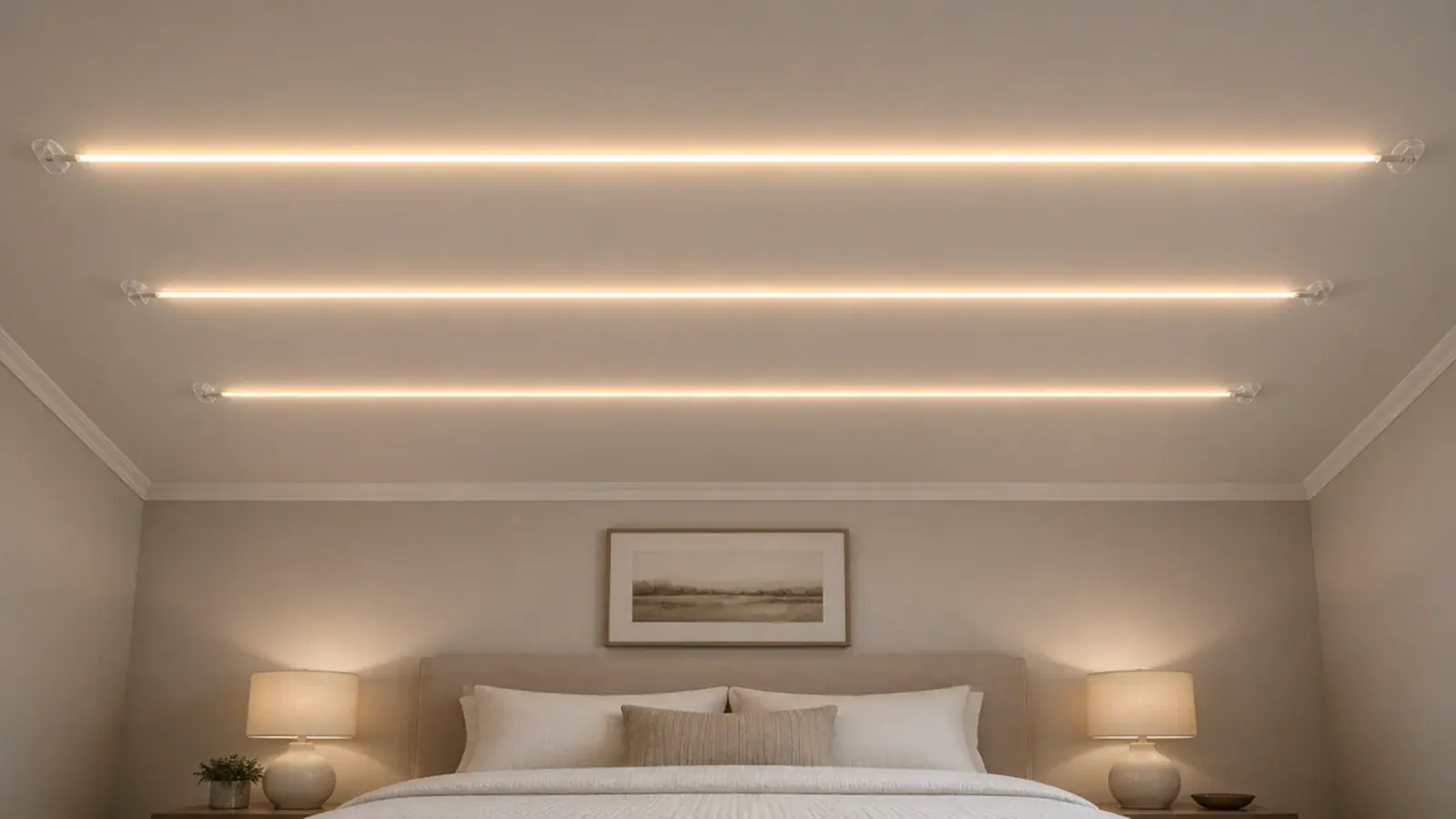 fairy lights bedroom ceiling crossed by warm parallel runs above a bed