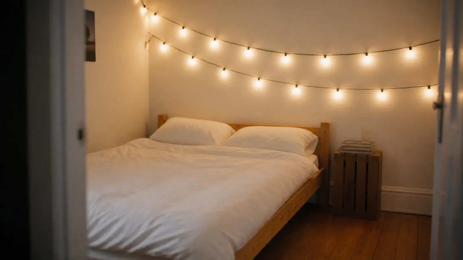 budget fairy lights bedroom ideas glowing warm above a simple pine bed