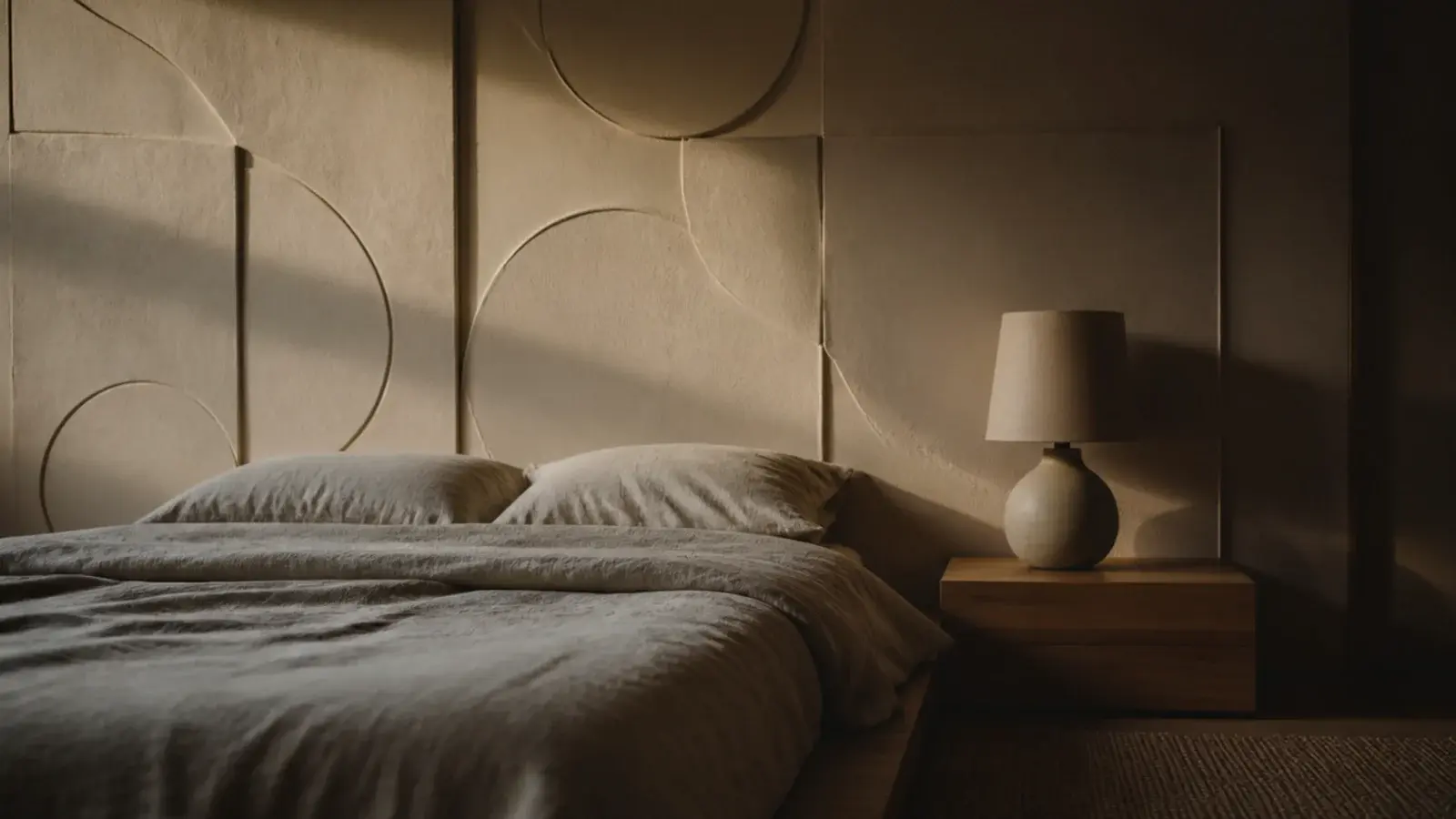 finished fairy lights bedroom wall glowing warm above a low linen bed