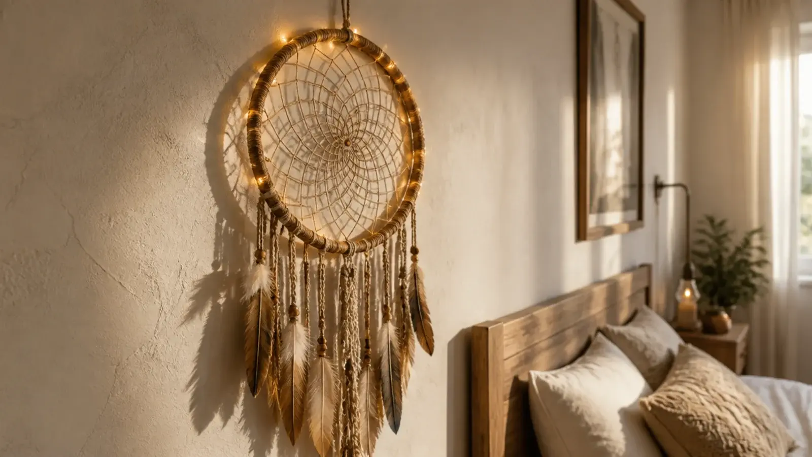 woven hoop hanging on a wall traced with fine warm lights