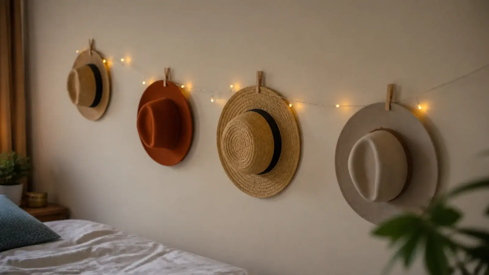 straw hats hung in a group with a light strand threaded between