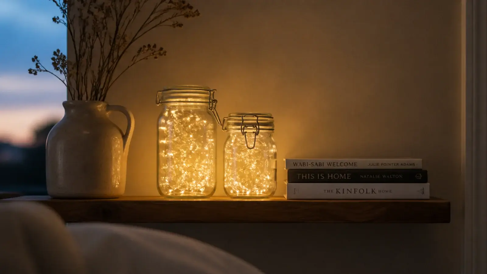 fairy lights decor bedroom shelf styled with lit jars pottery and books