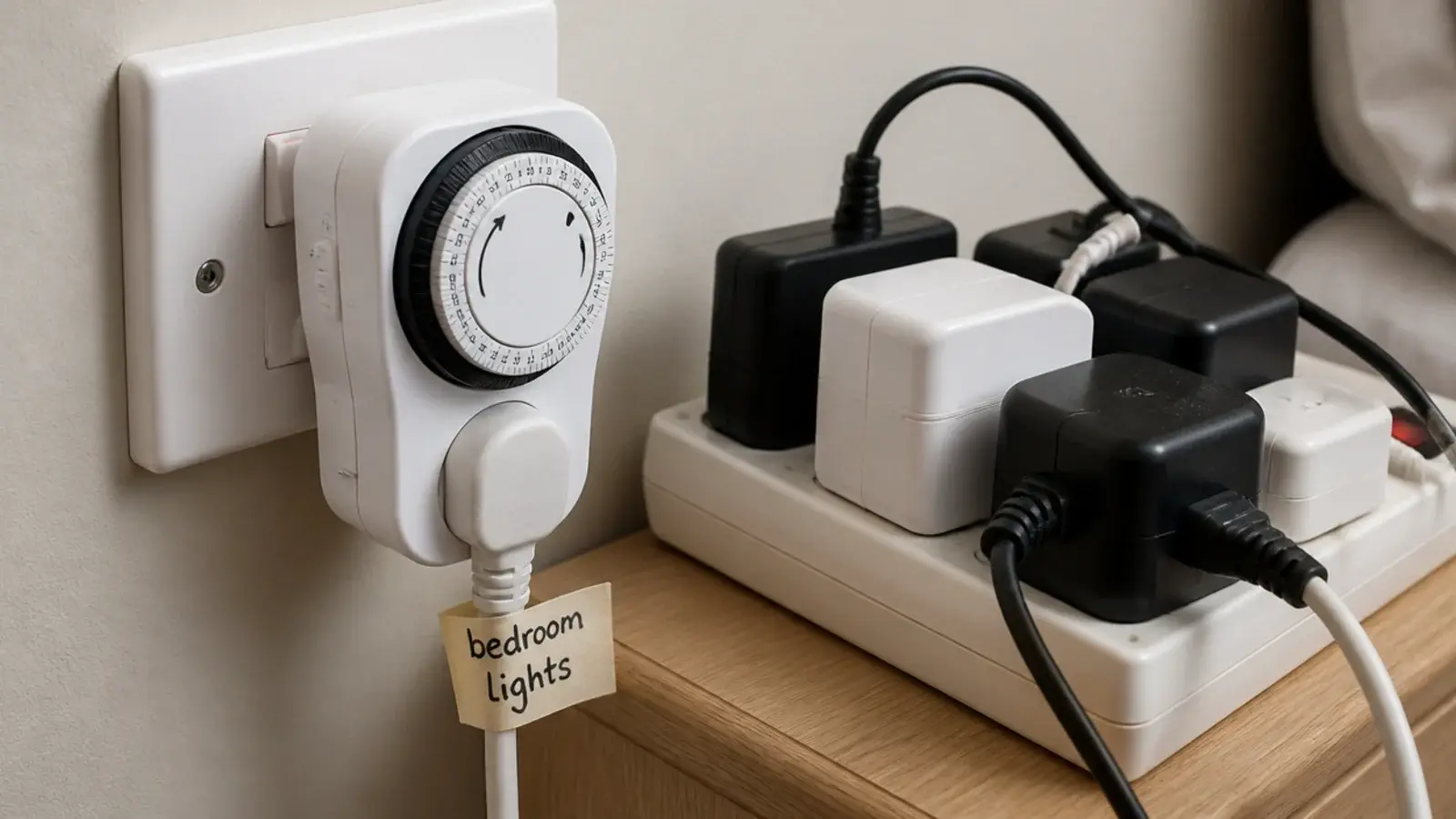 timer plug in a socket with a small handwritten label attached