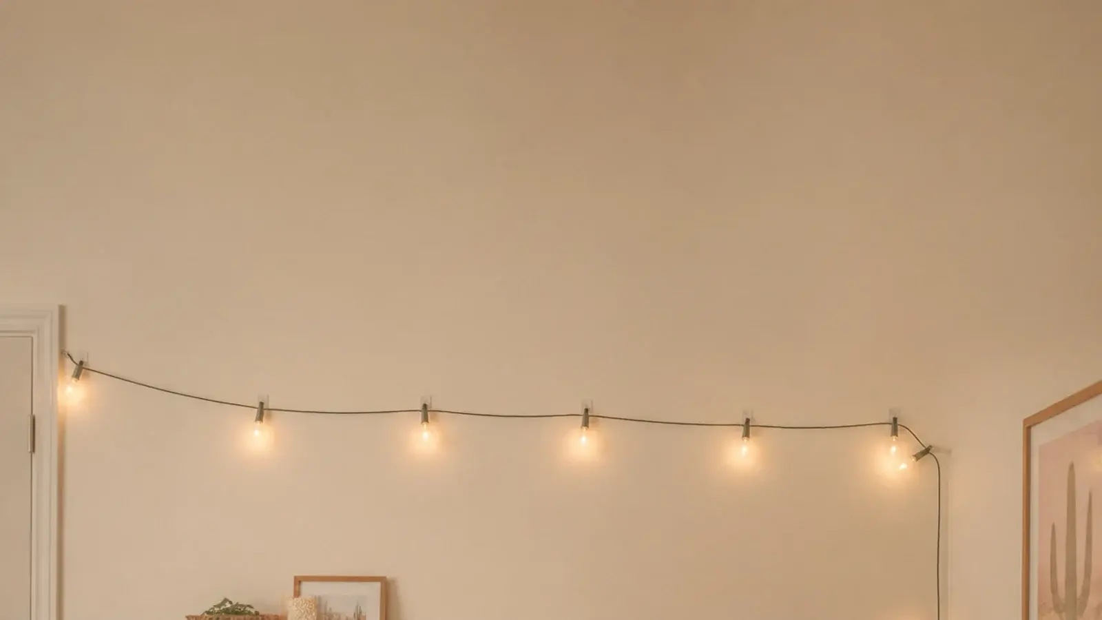 tall view of a bedroom mid installation with lights being hung
