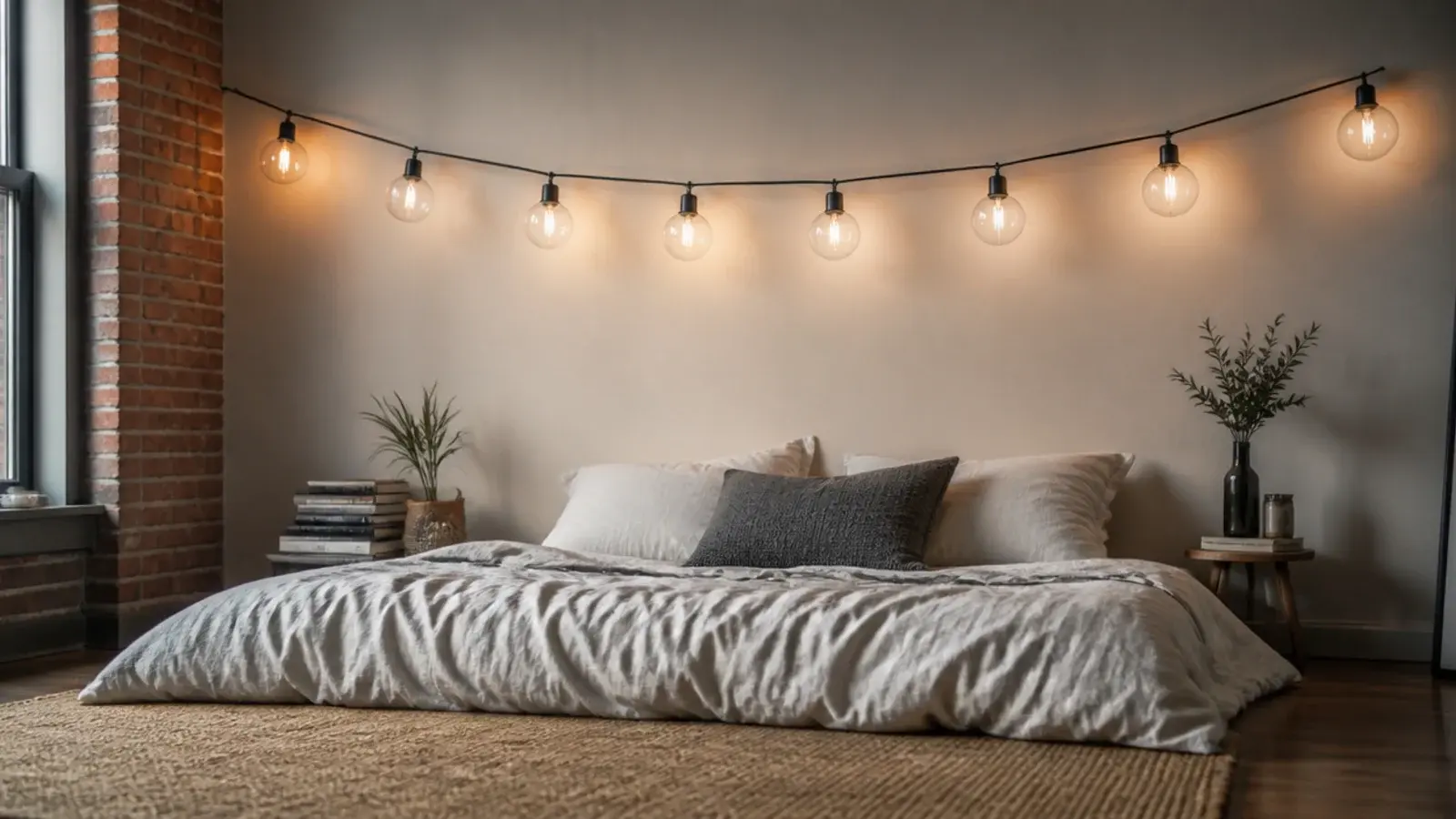 large clear globe bulbs on a black cable across a bedroom wall