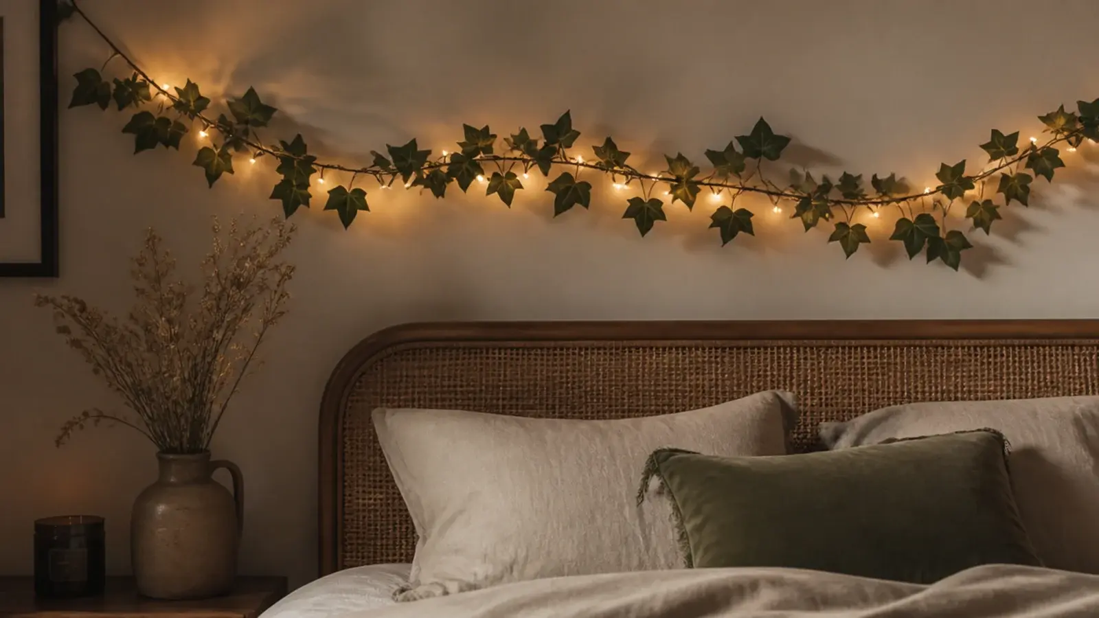 vines and fairy lights bedroom garland trailing across a headboard wall