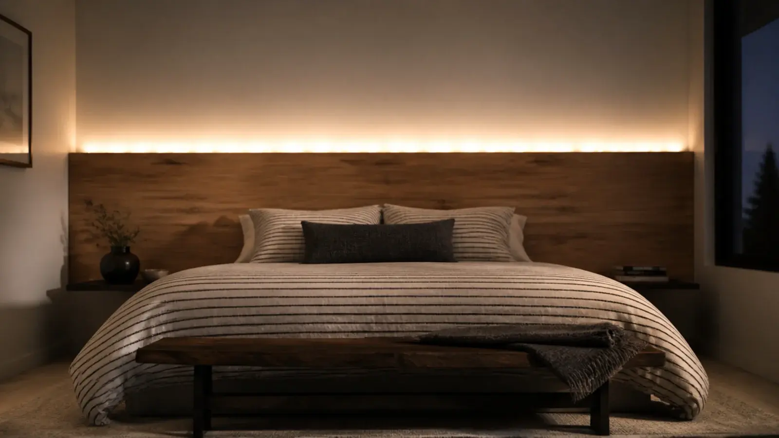 where to put fairy lights bedroom strings shown above a wide oak headboard