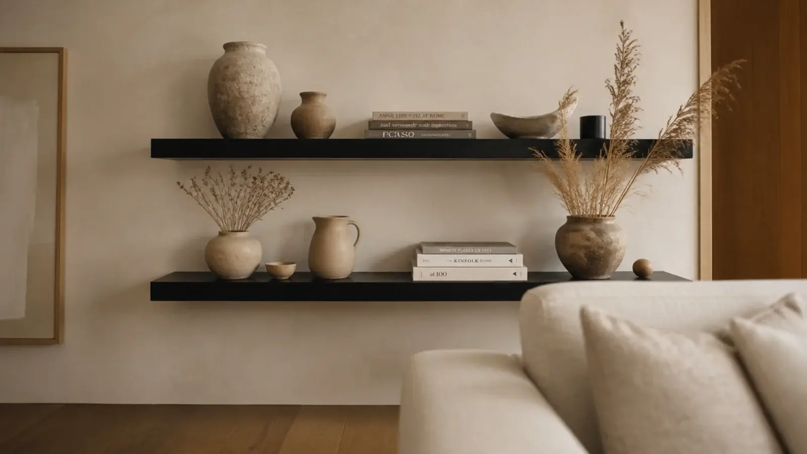 matte black floating shelves on a cream wall styled with pale stoneware
