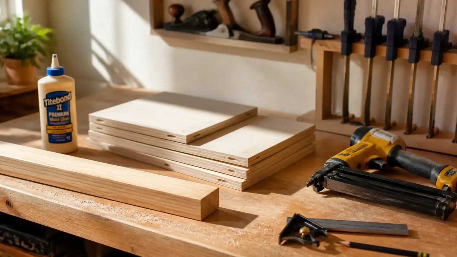 plywood parts clamped on a bench for building a floating shelf box