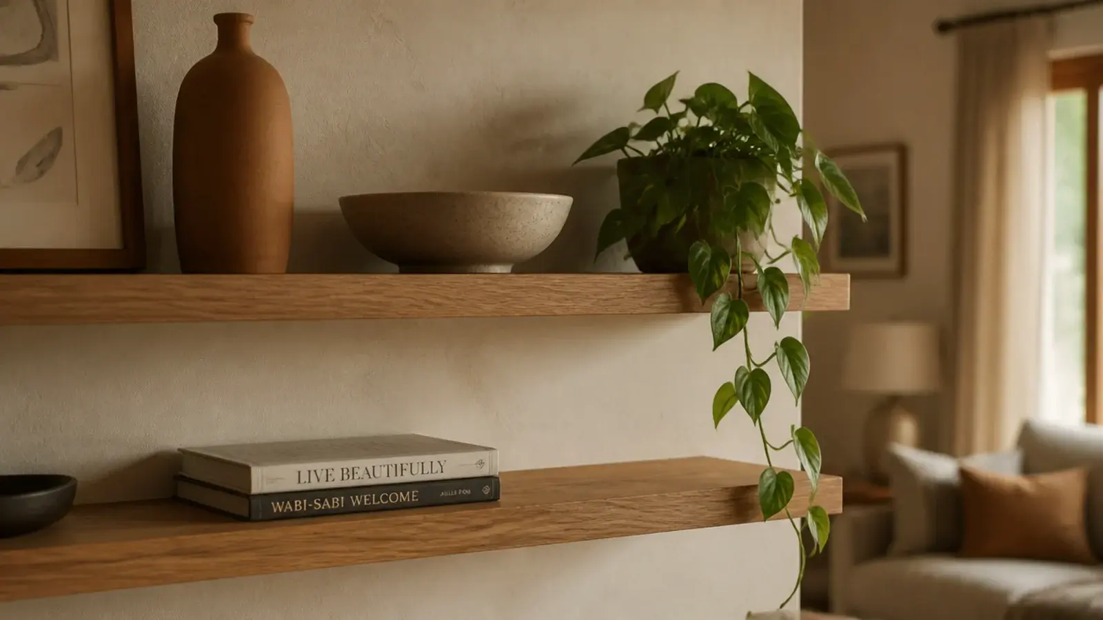 styled floating shelf decor with pottery books and a trailing plant on oak